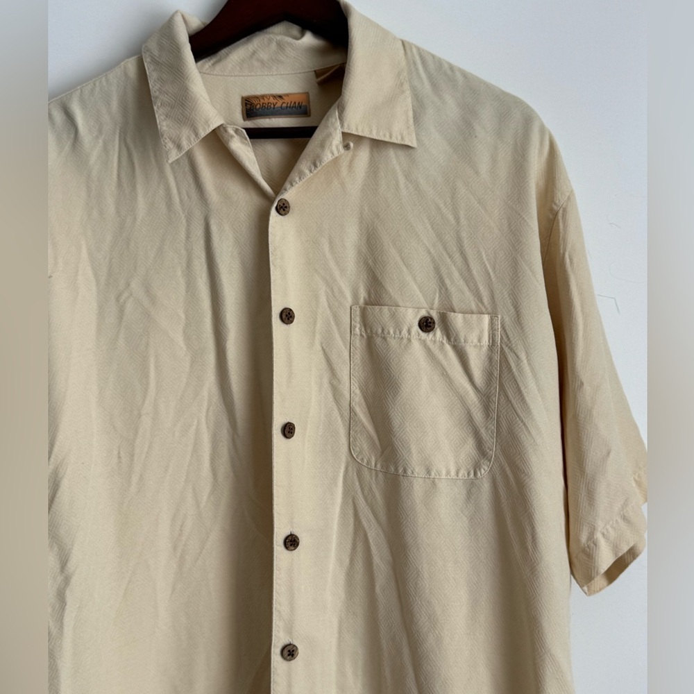 Bobby Chan Butter Yellow 100% Silk Wooden Button Down Hawaiian‎ Shirt Men Large - Picture 3 of 7